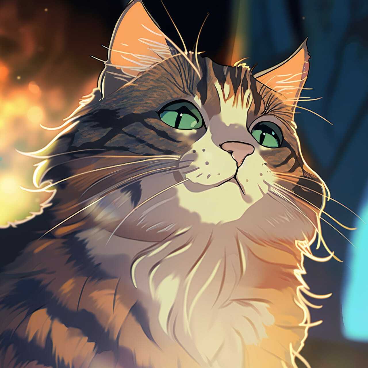 Mainecoon cat illustration showcasing Midjourney prompt engineering for anime styles.
