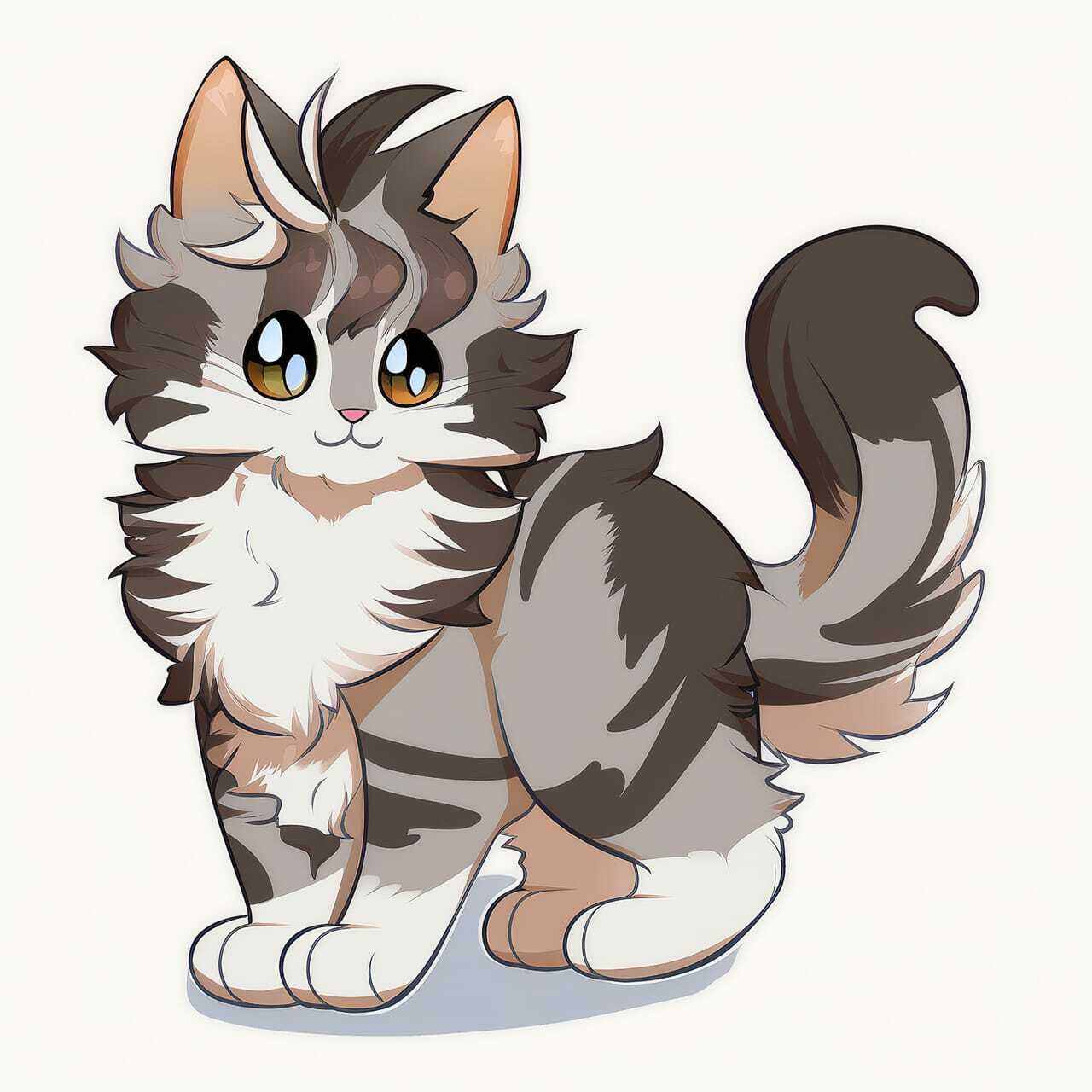 Cute Mainecoon cat illustration showcasing Midjourney prompt techniques for anime-style text-to-image generation.
