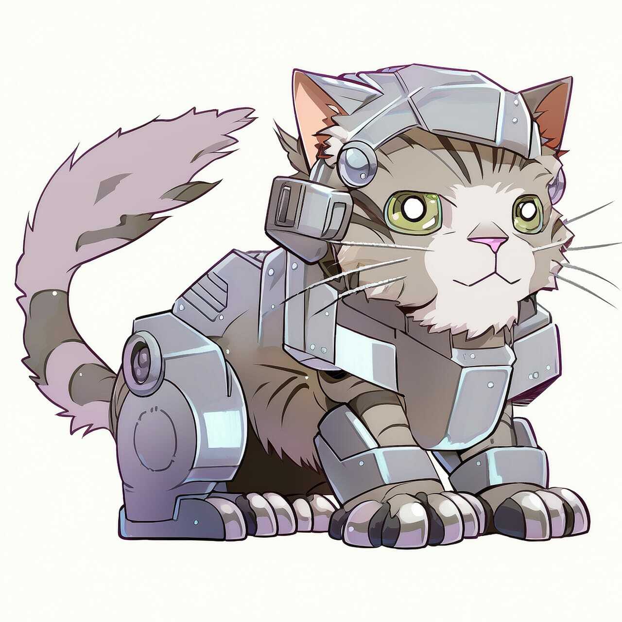 Cute Mainecoon cat in robotic armor, showcasing Midjourney --niji prompt engineering for anime styles.