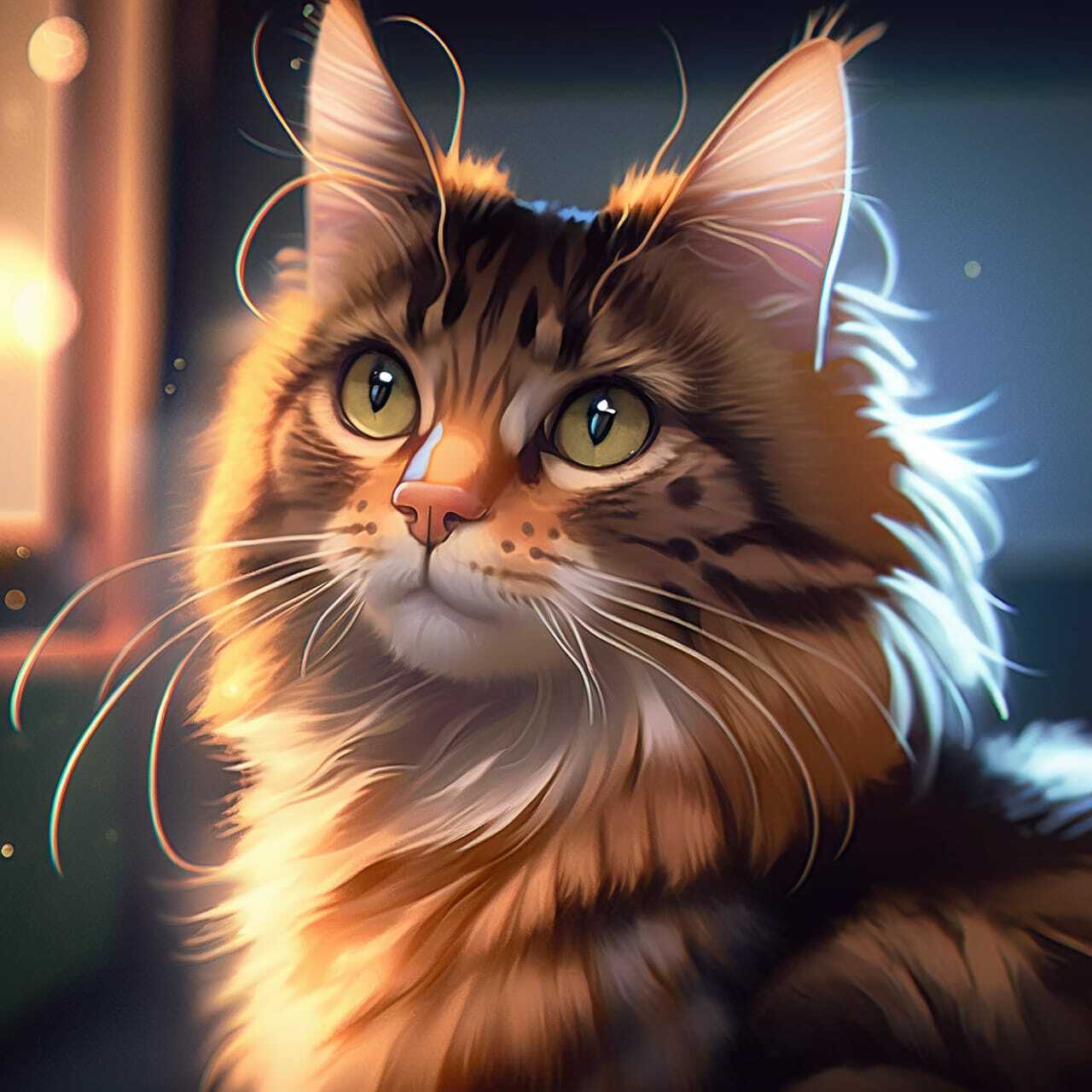Mainecoon cat generated with Midjourney --niji prompt, showcasing anime art style and character-focused composition.