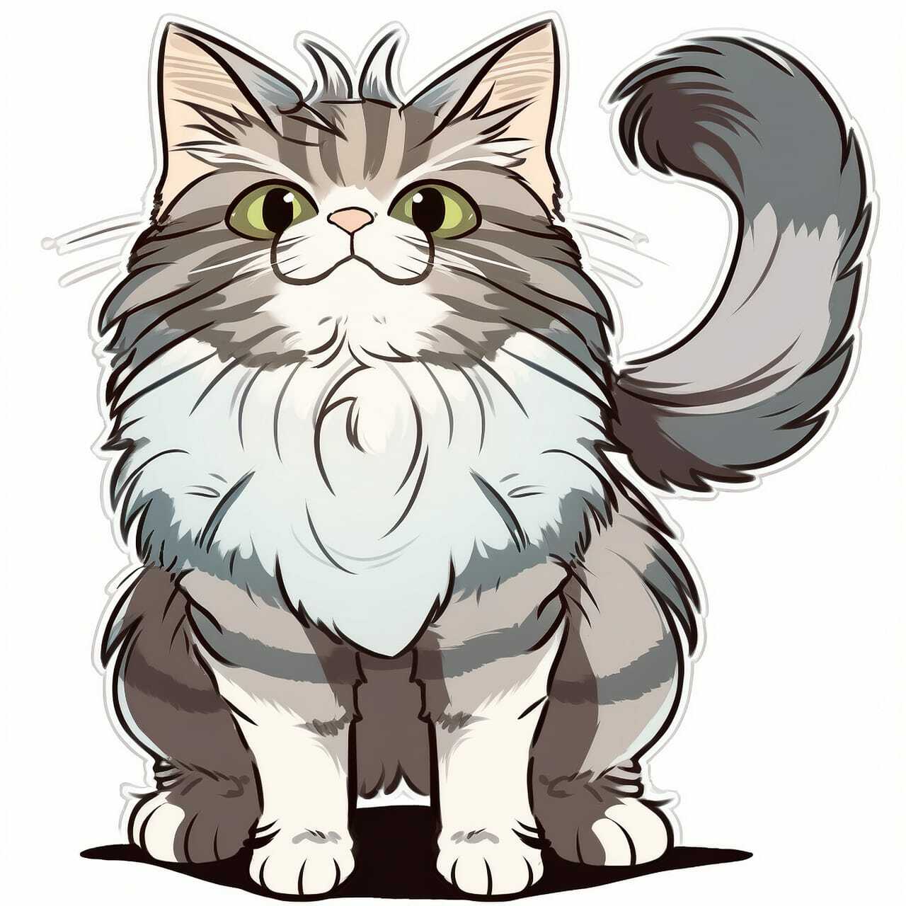 Cute Mainecoon cat illustration showcasing prompt engineering techniques for Midjourney anime styles.