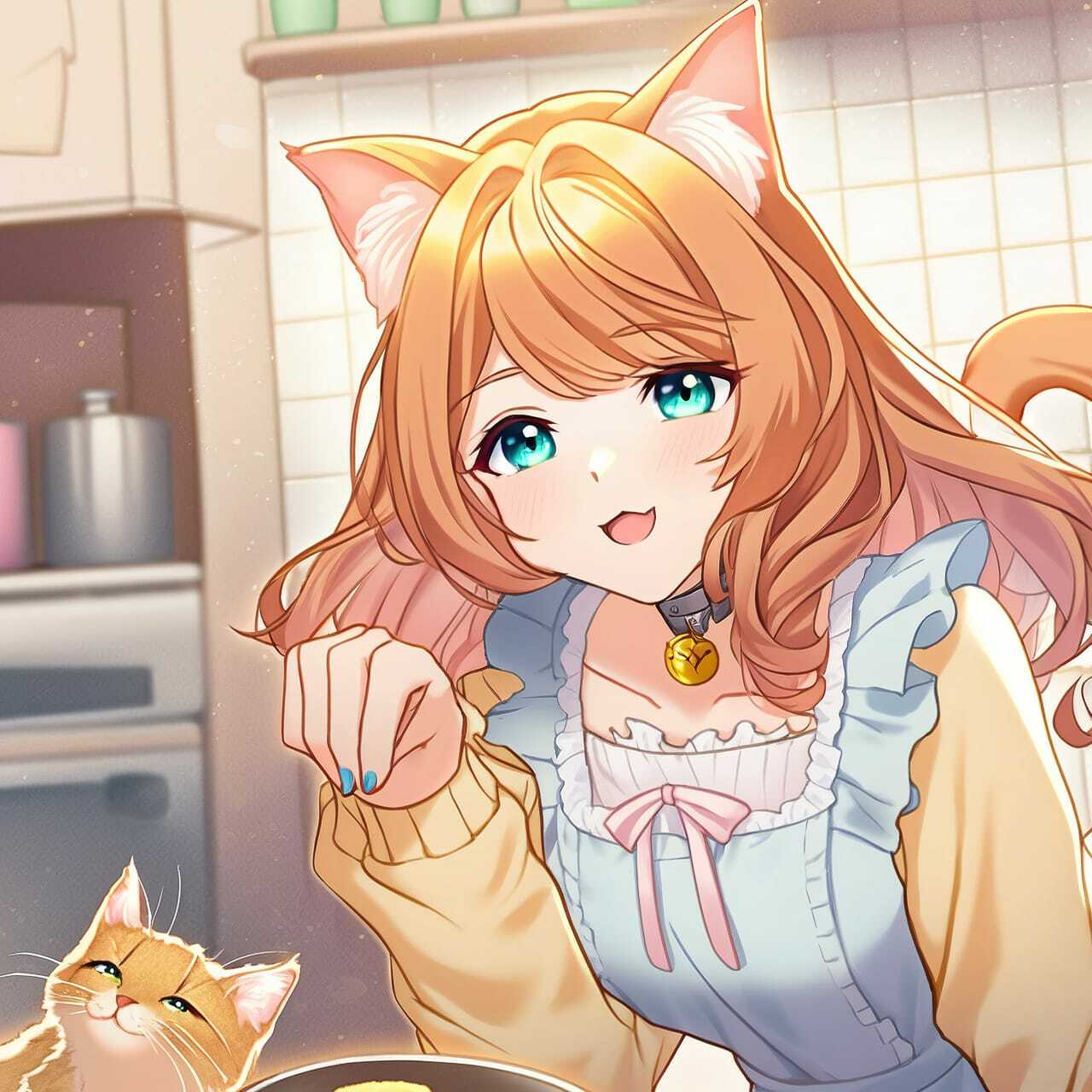 Anime character with cat ears in kitchen, showcasing Midjourney prompt engineering for anime styles.