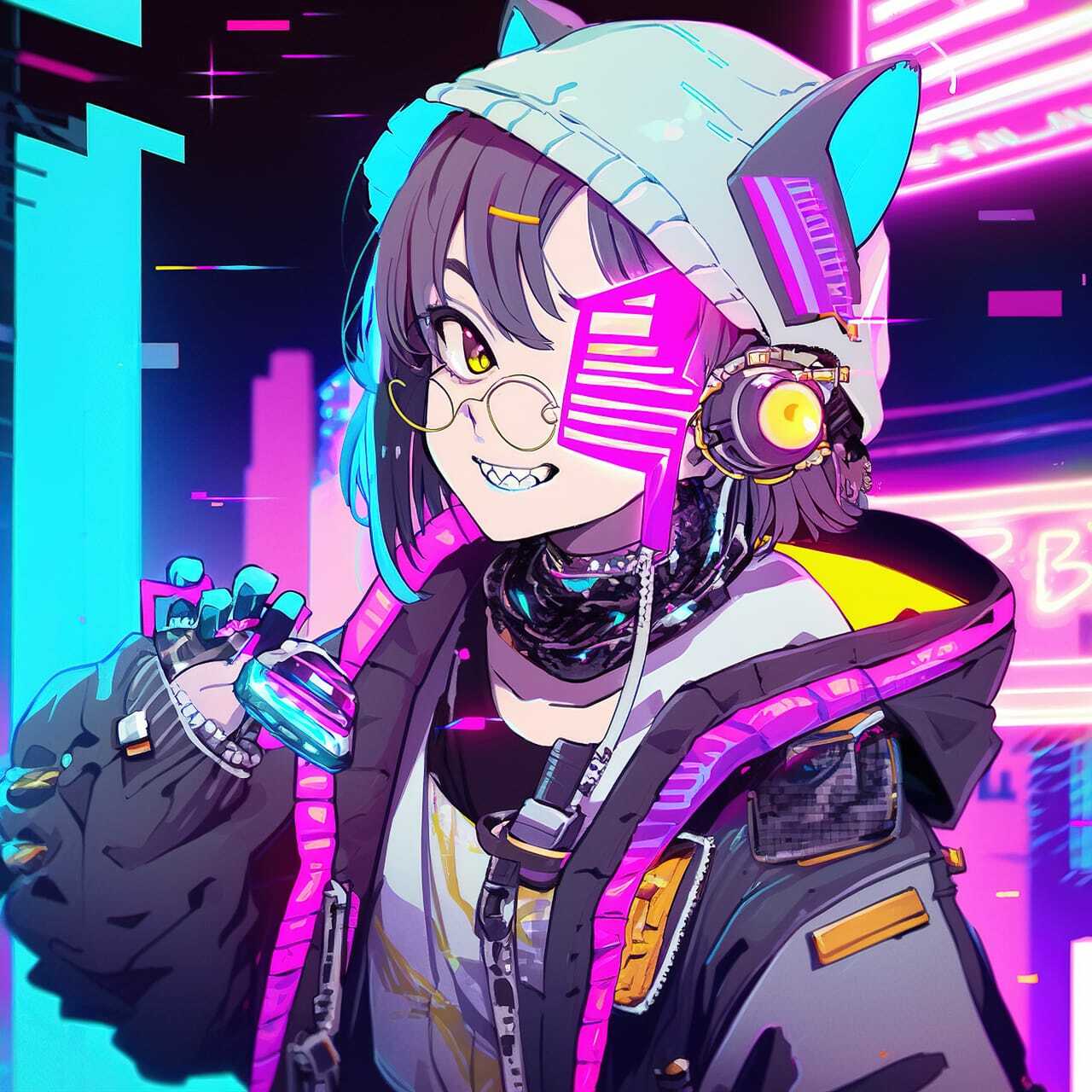 Cyberpunk character generated with Midjourney --niji prompt showcasing vibrant anime style and dynamic composition.
