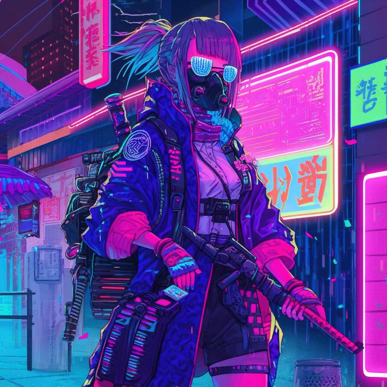 Cyberpunk character in neon colors, showcasing Midjourney prompt engineering for anime styles.