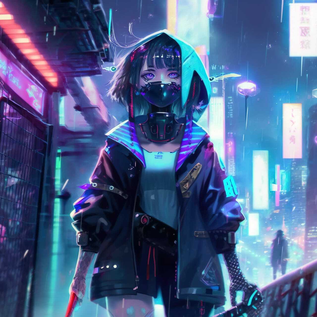 Cyberpunk character in neon-lit cityscape, showcasing Midjourney prompt engineering for anime styles.