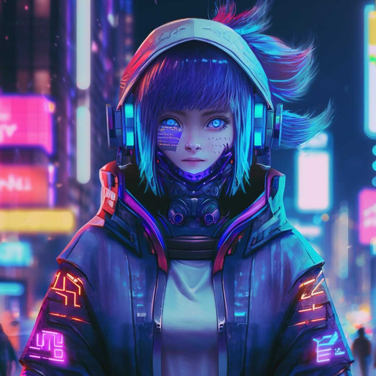 Cyberpunk character generated using Midjourney prompt, showcasing vibrant colors and futuristic design elements.