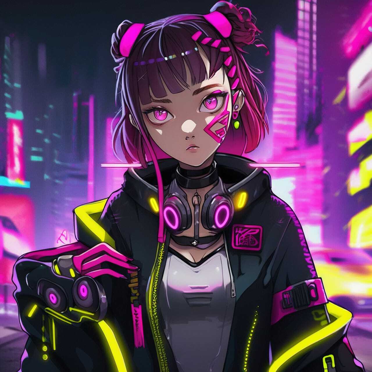 Cyberpunk character generated with Midjourney using prompt engineering for anime styles.