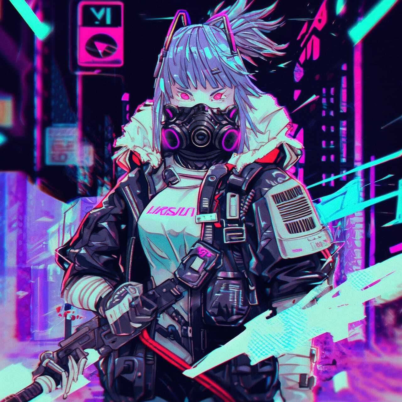 Cyberpunk character generated with Midjourney --niji prompt, showcasing anime style and dynamic composition.