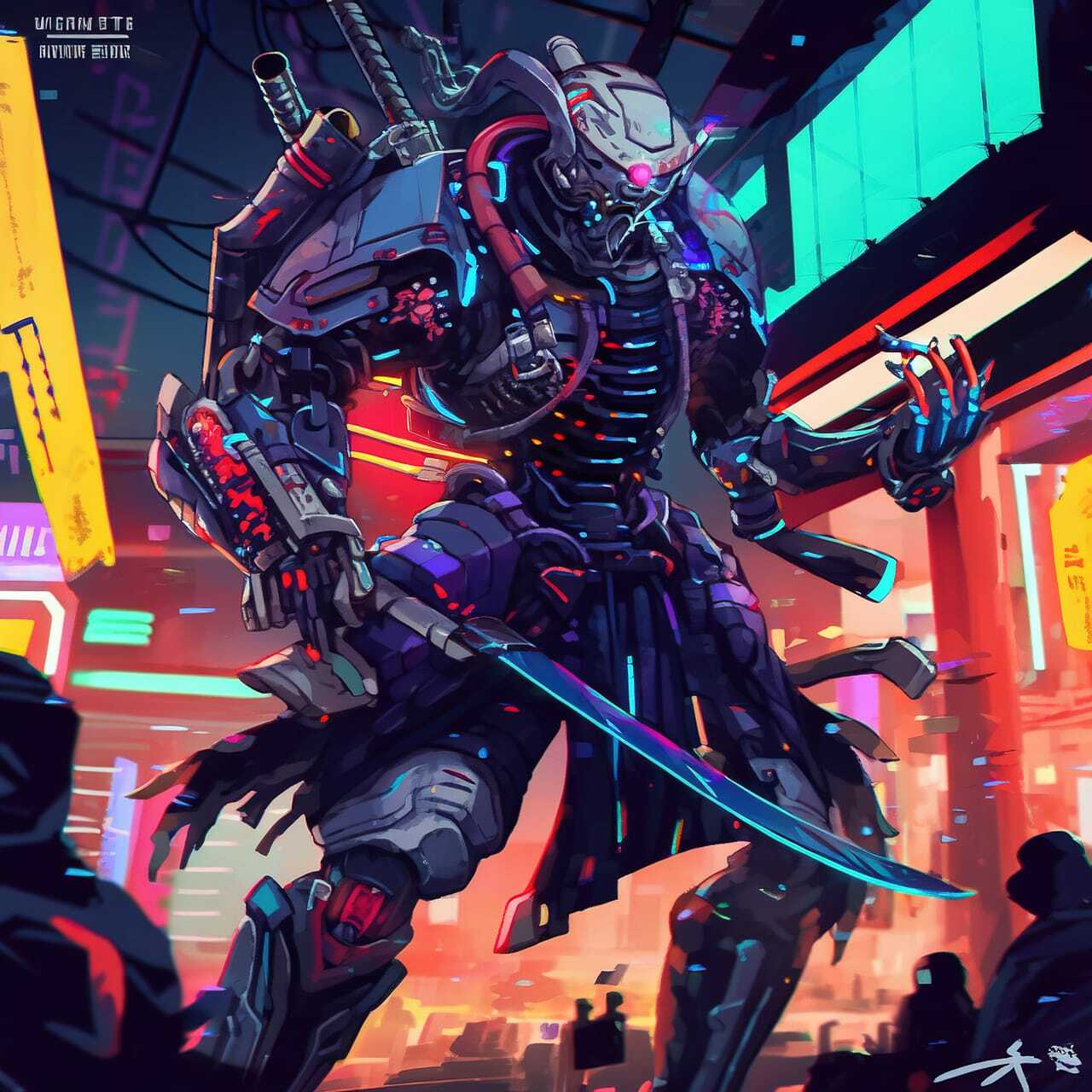 Cyberpunk character generated with Midjourney prompt, showcasing advanced robotic design and vibrant neon colors.