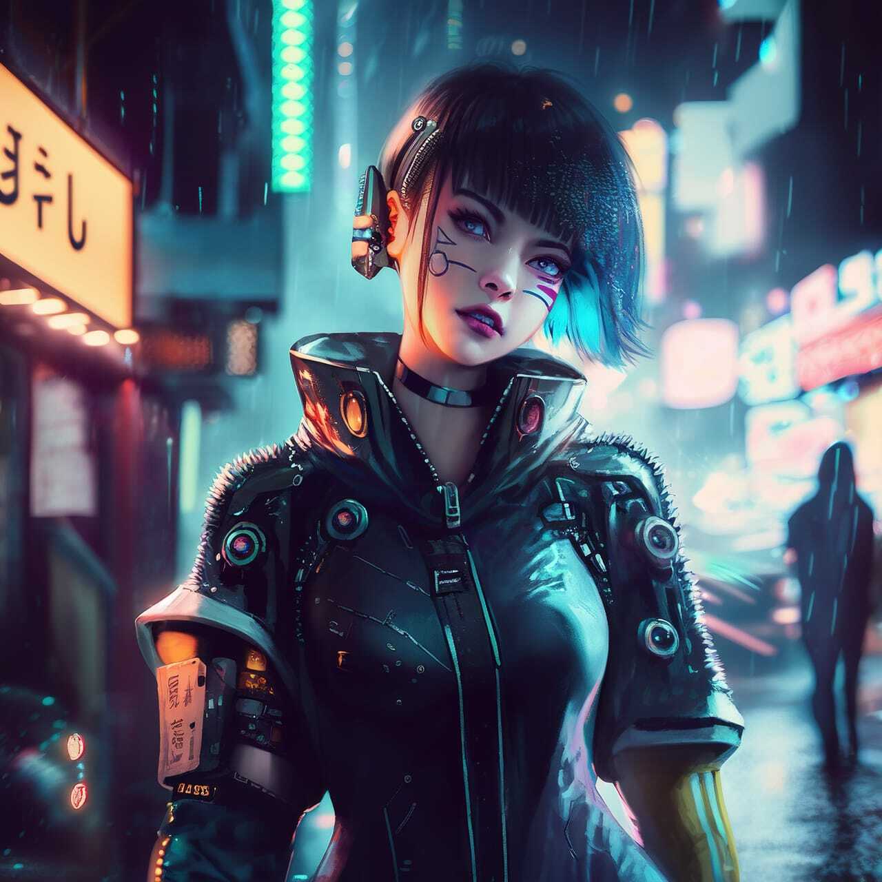 Cyberpunk character generated using Midjourney prompt for anime styles, showcasing futuristic design and vibrant colors.
