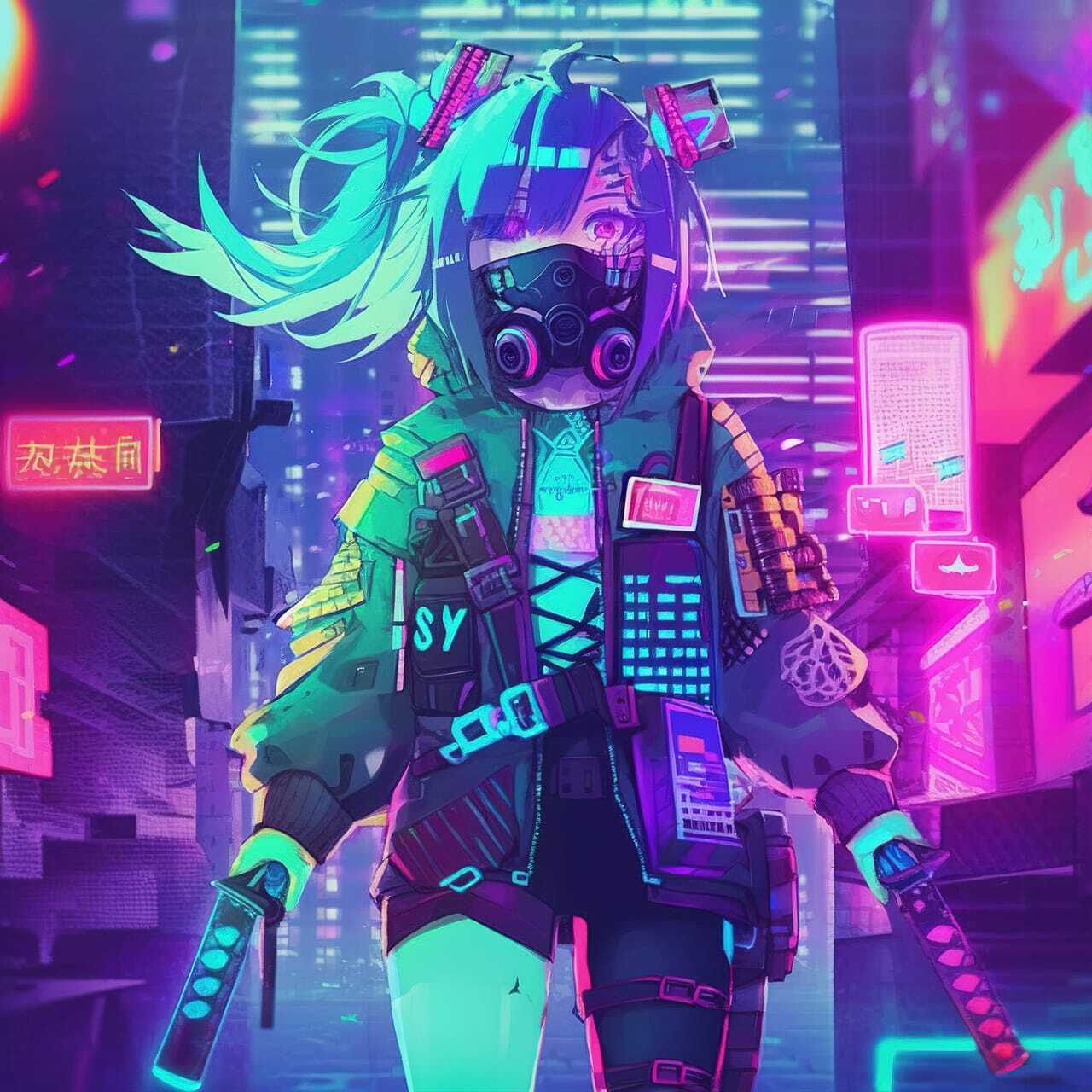 Cyberpunk character generated using Midjourney prompt techniques, showcasing vibrant colors and anime style.