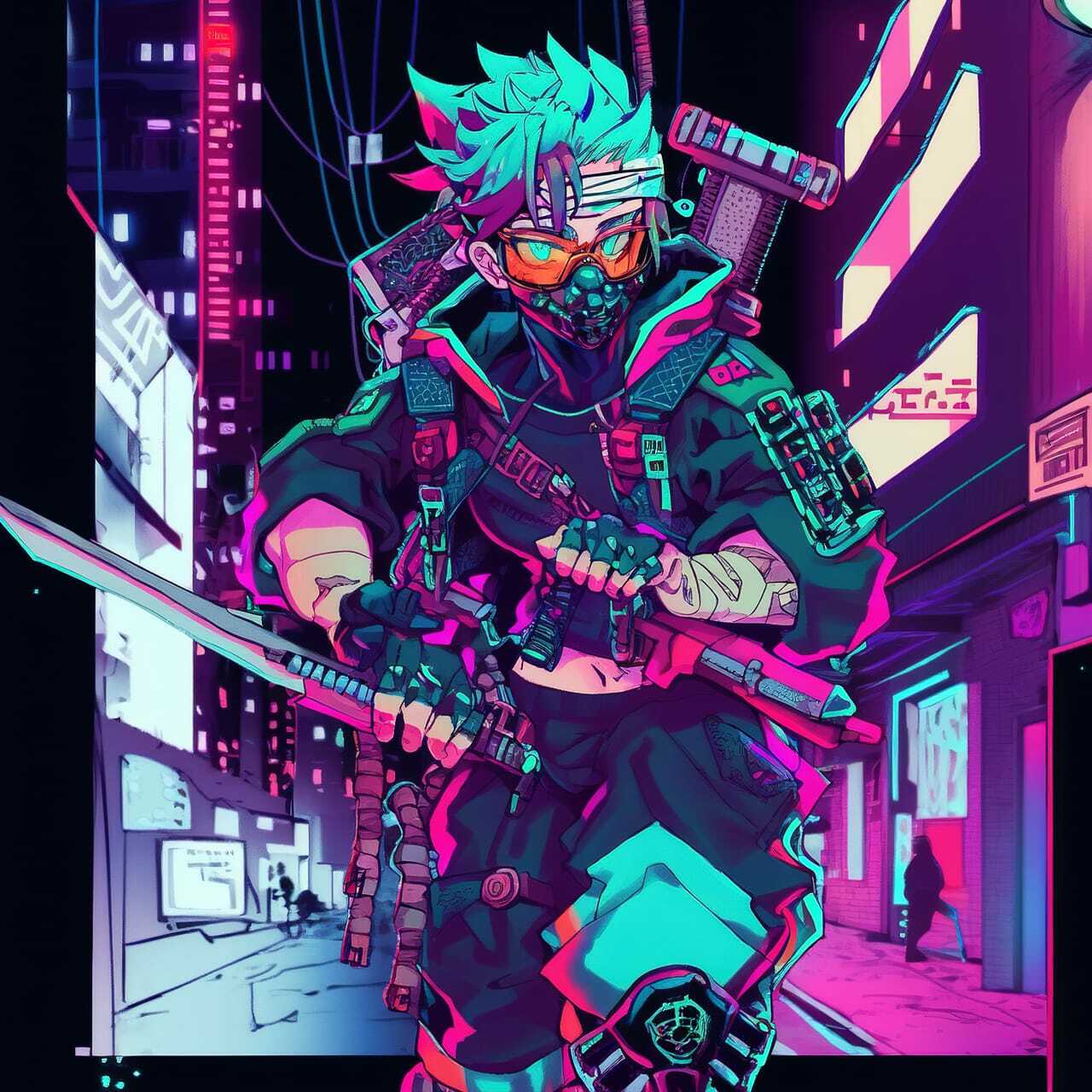 Cyberpunk character in vibrant colors showcasing Midjourney prompt engineering for anime styles.