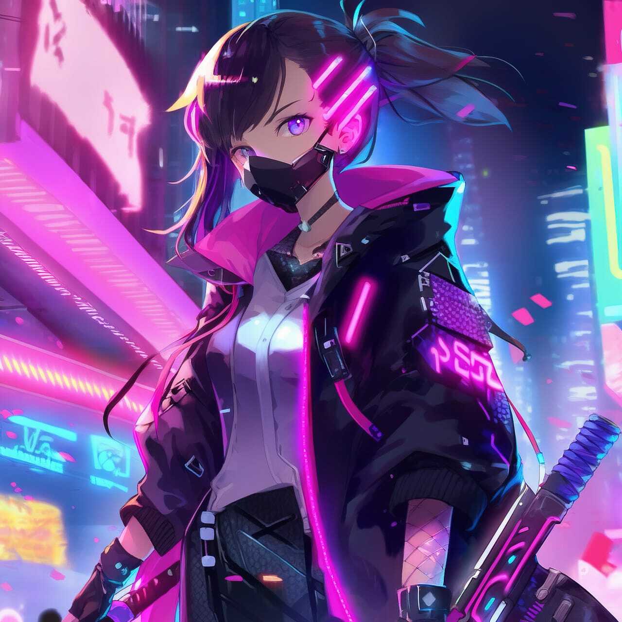 Cyberpunk character generated with Midjourney using prompt engineering for anime styles.