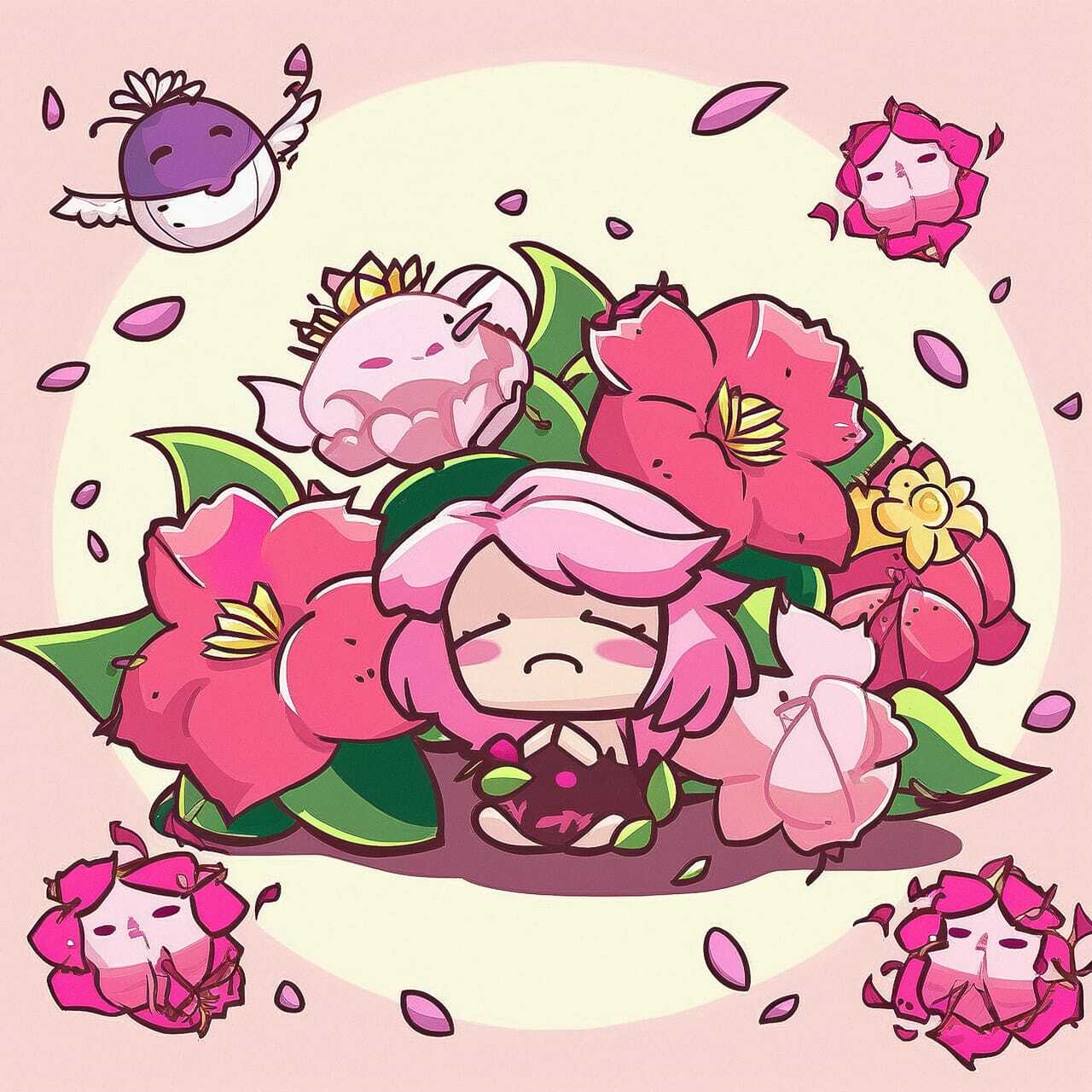 Midjourney prompt featuring decaying peonies with anime character and whimsical creatures in vibrant colors.