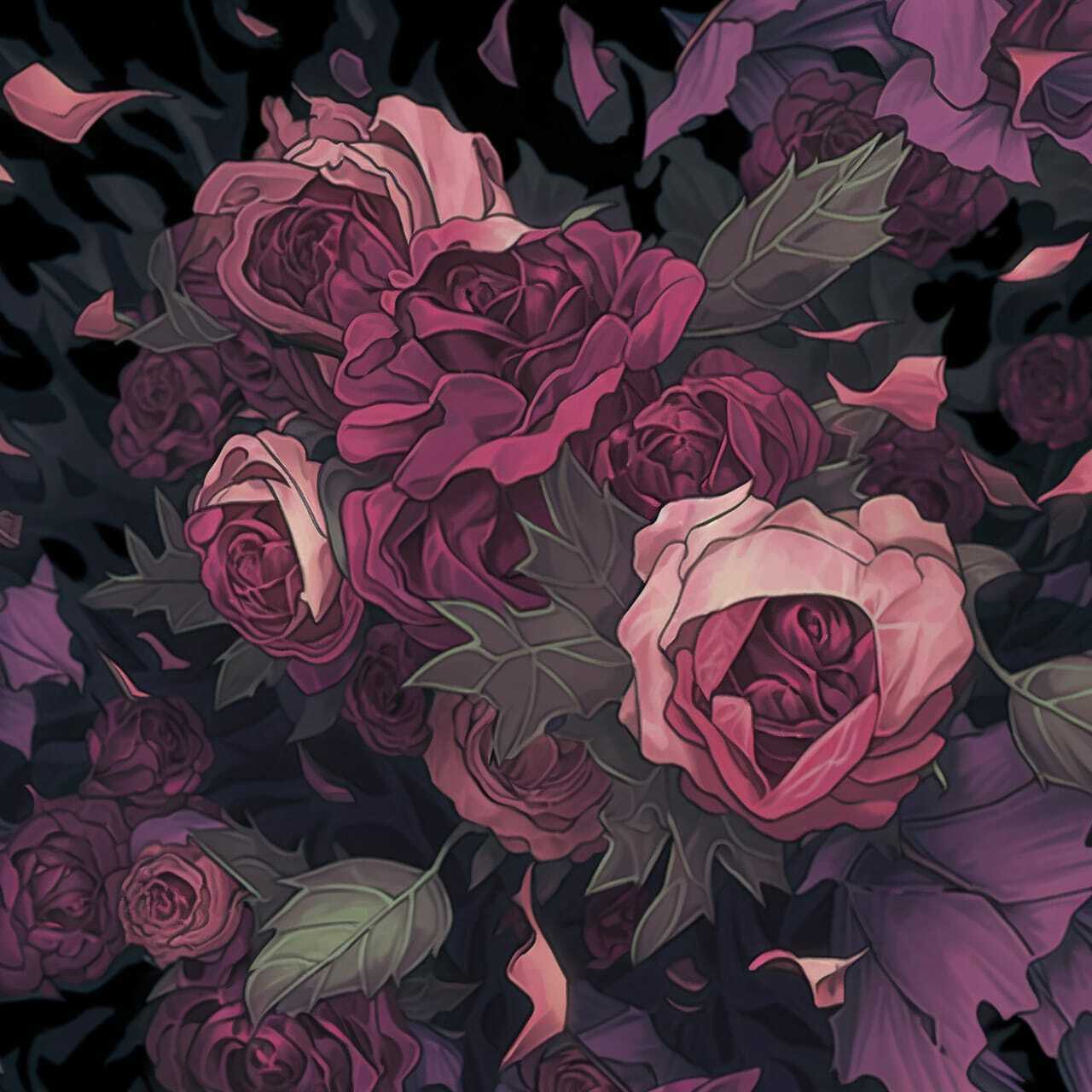 Decaying peonies generated with Midjourney --niji prompt showcasing anime art style and floral composition.