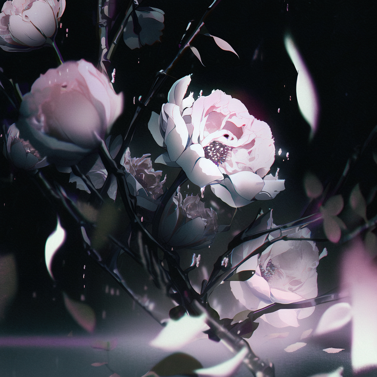 Midjourney prompt for decaying peonies in anime style, showcasing floral details and dynamic composition.