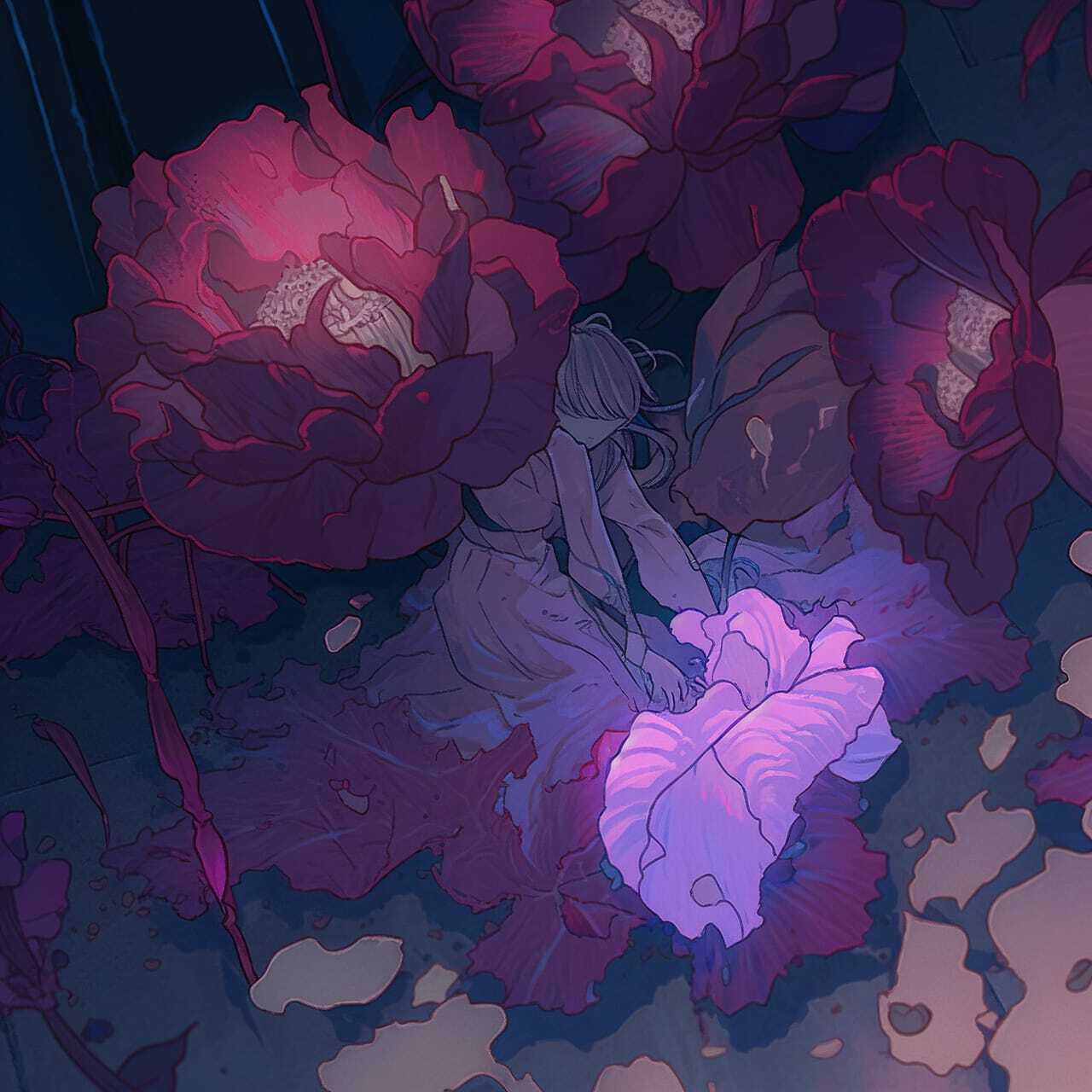 Midjourney prompt featuring decaying peonies, anime style, character-focused composition, vibrant colors, dynamic elements, --niji modifier.