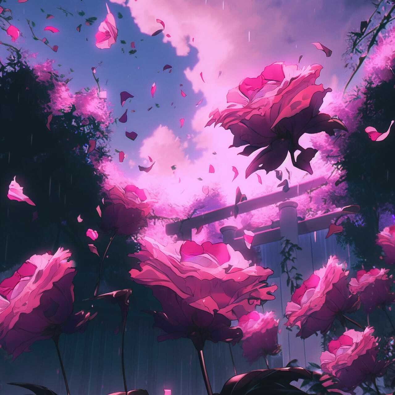 Midjourney prompt for decaying peonies in anime style, showcasing vibrant colors and dynamic composition.