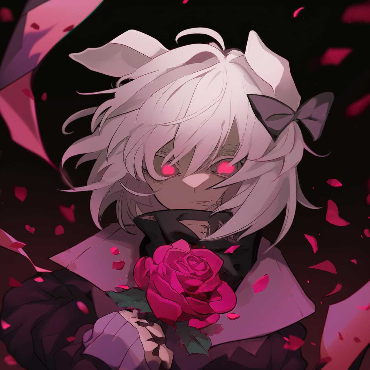 Midjourney prompt featuring anime character with pink rose, decaying peonies, showcasing --niji style and dynamic composition.