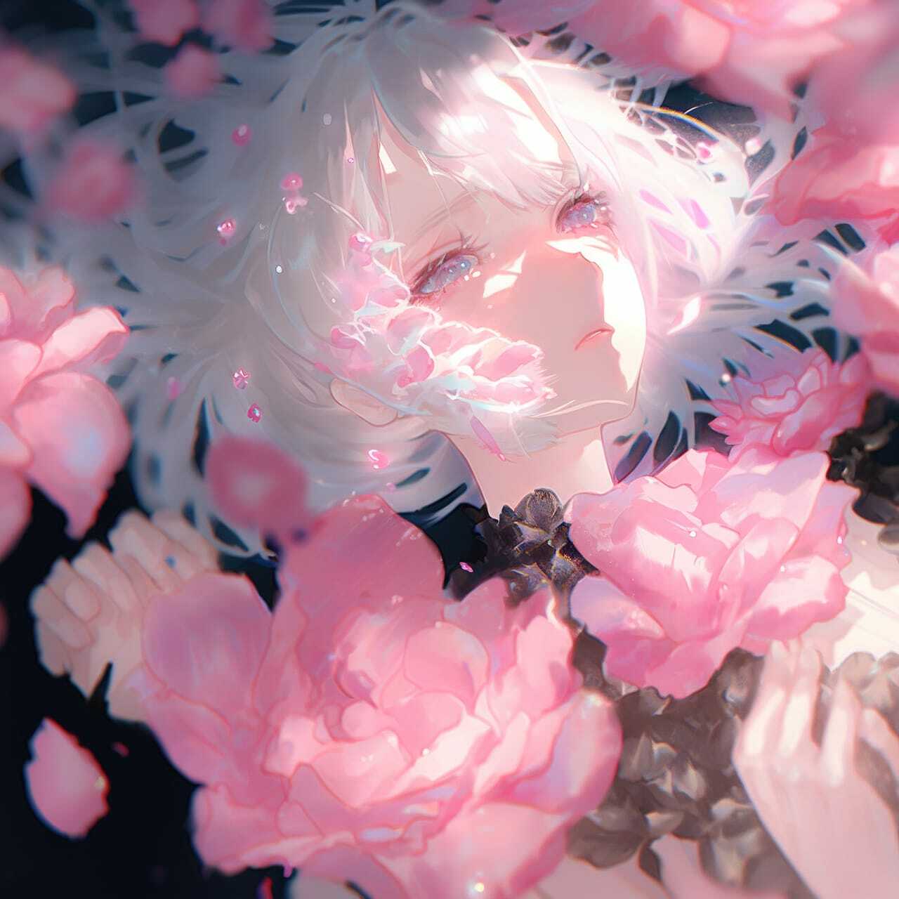 Midjourney prompt for anime-style character surrounded by decaying peonies, showcasing --niji capabilities in text-to-image generation.