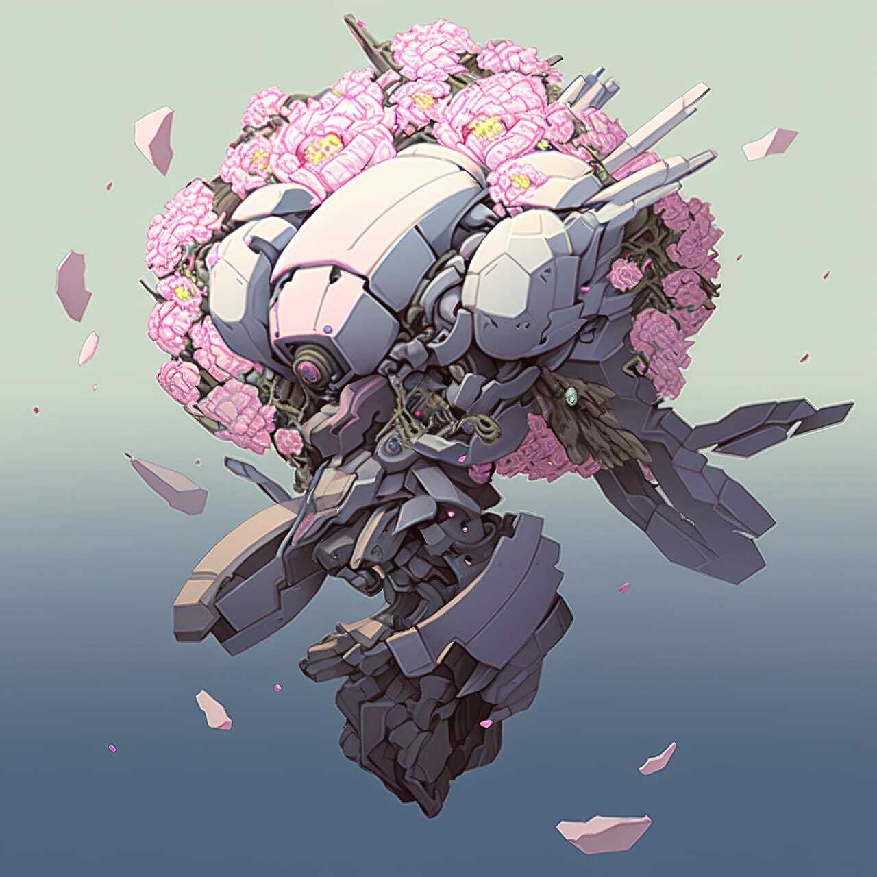 Midjourney prompt for robot with decaying peonies, showcasing anime-inspired design and dynamic composition.