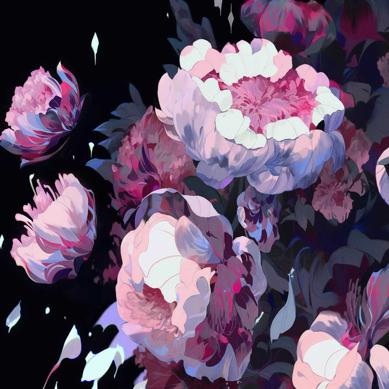 Decaying peonies generated with Midjourney prompt showcasing anime art style and vibrant colors.