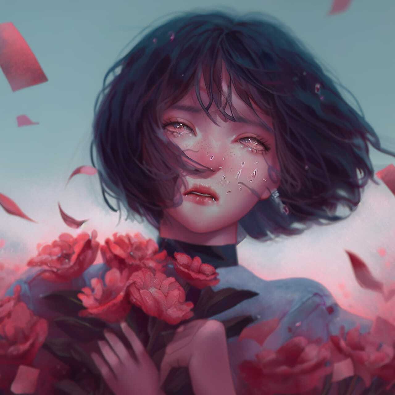Midjourney prompt featuring anime-style character with decaying peonies, showcasing emotional expression and dynamic composition.