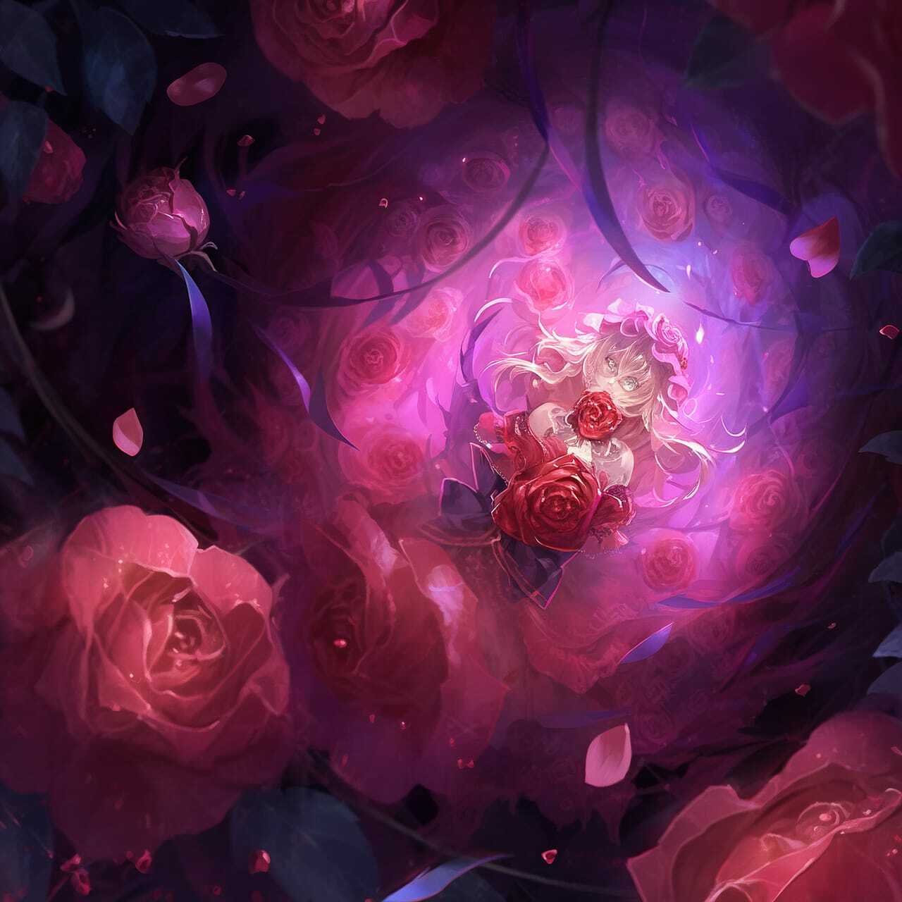 Midjourney prompt featuring anime character surrounded by decaying peonies in vibrant colors, showcasing --niji style and dynamic composition.