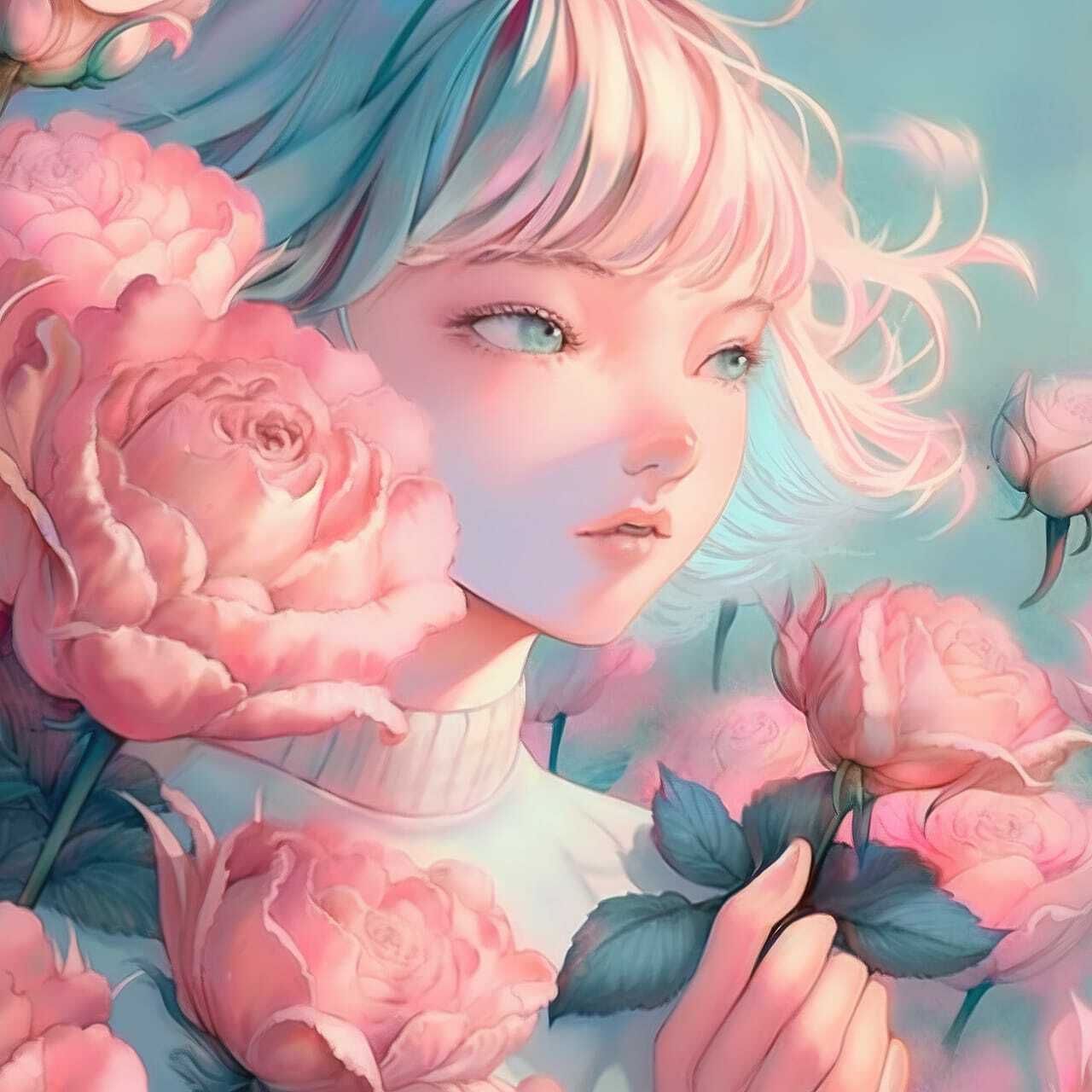 Midjourney prompt featuring anime girl with decaying peonies, showcasing --niji styles and character-focused composition.