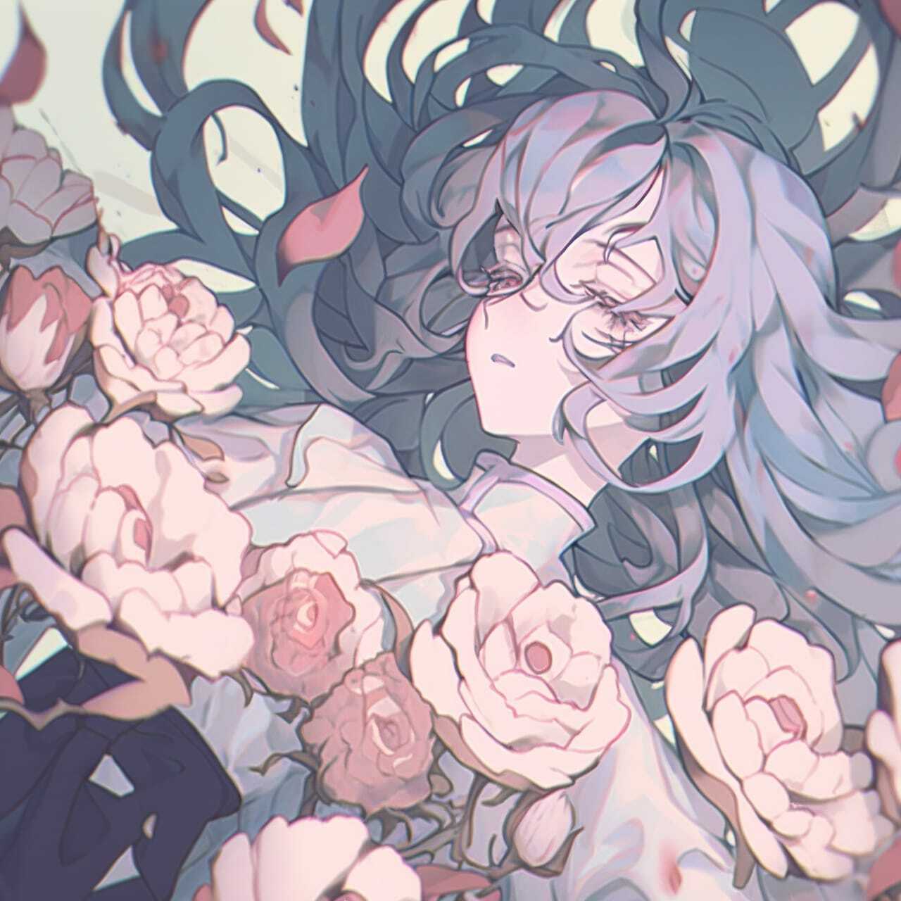 Midjourney prompt for anime-style art featuring decaying peonies and character with flowing hair.