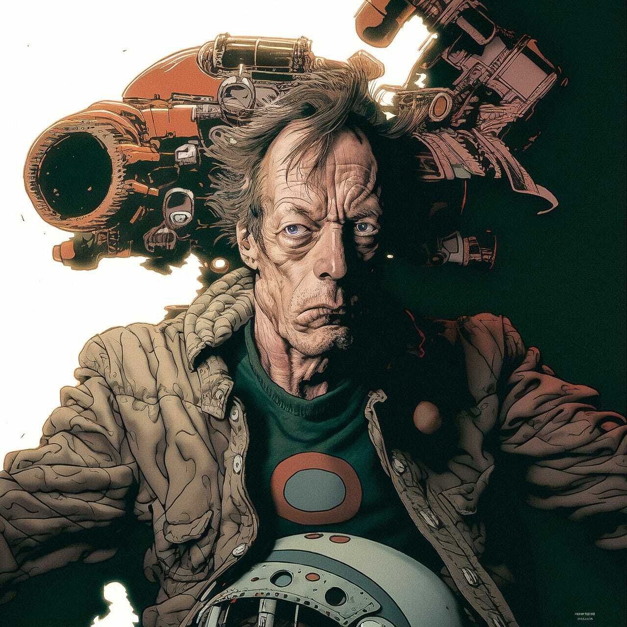 Midjourney prompt showcasing character-focused anime style with dynamic composition, inspired by Katsushiro Otomo's work.