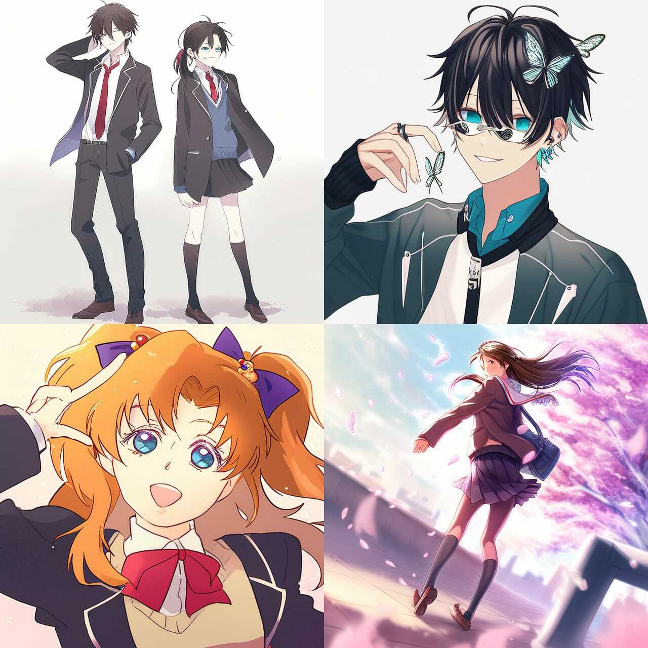 Gakuen anime style --niji showcasing characters in diverse poses and expressions, emphasizing Midjourney prompt engineering for anime styles.