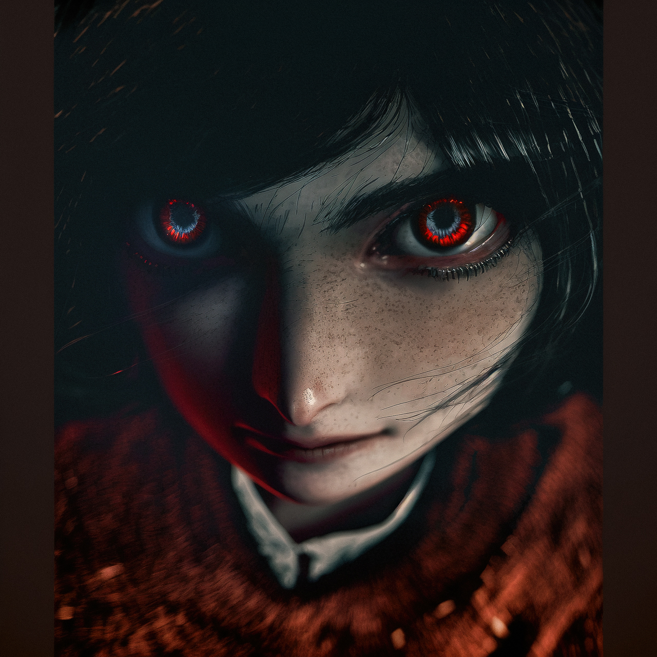 J Horror anime style --niji prompt showcasing character with striking red eyes, emphasizing Midjourney text-to-image capabilities.
