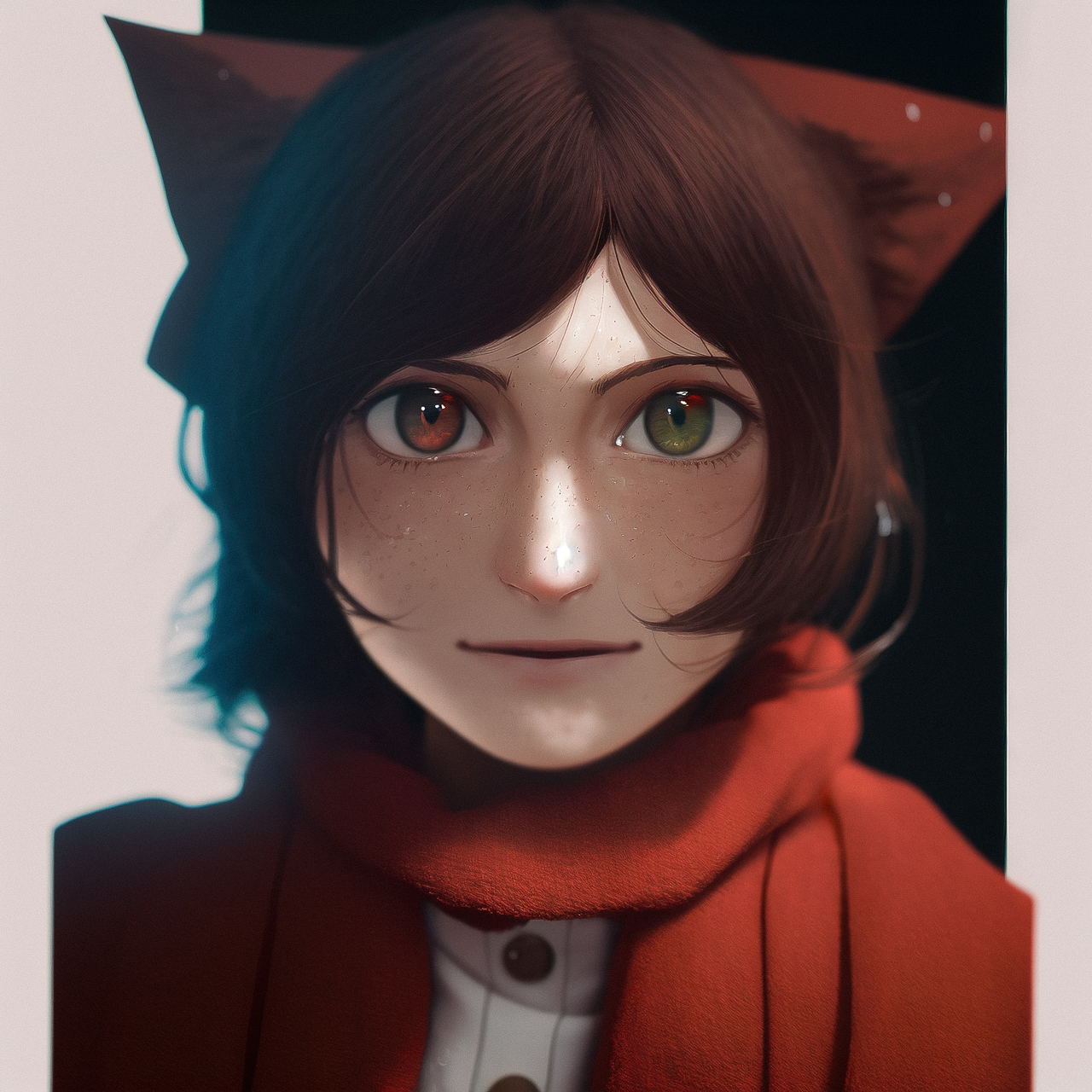 Kemonomimi anime style character generated with Midjourney --niji prompt, showcasing unique eye colors and dynamic composition.