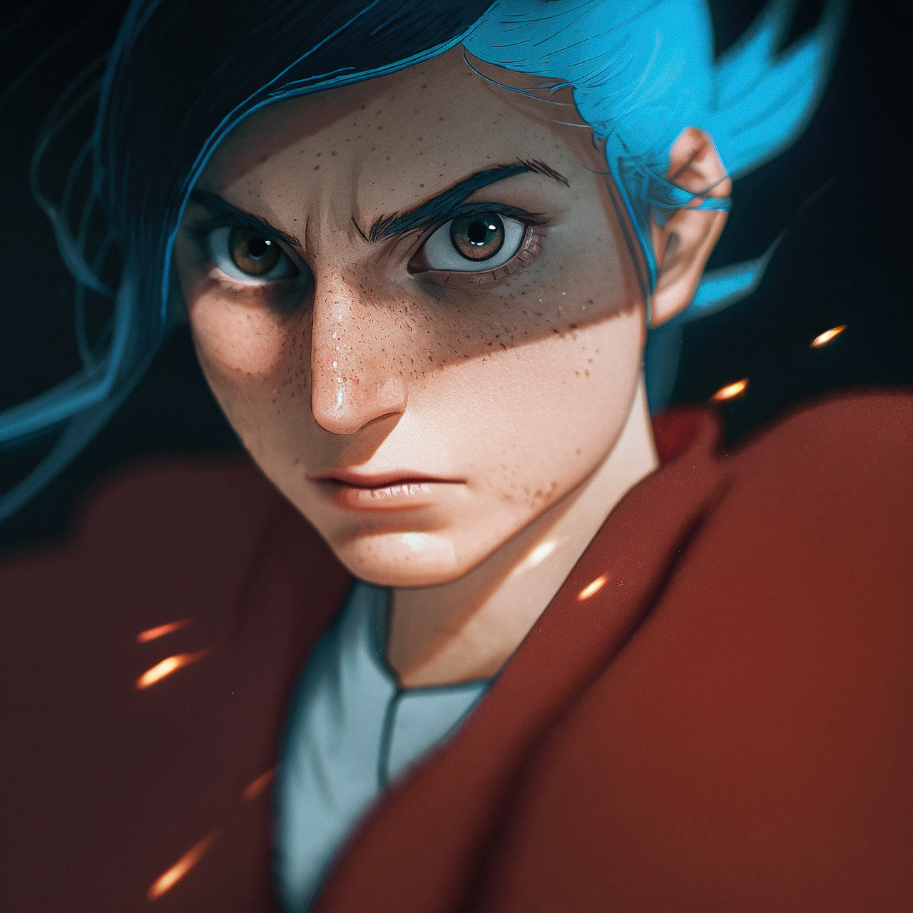 Seinen anime style character portrait generated with Midjourney prompt, showcasing detailed facial features and dynamic composition.