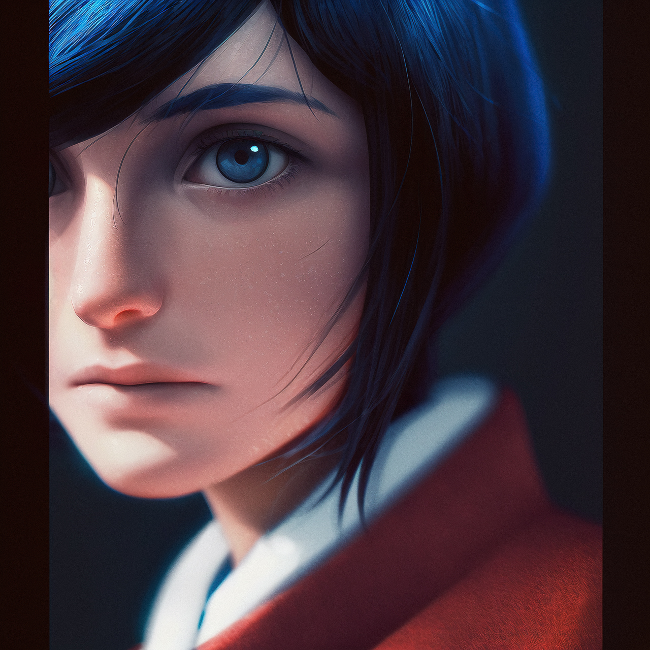 Semi-realistic anime character generated with Midjourney --niji prompt, showcasing detailed facial features and vibrant hair.