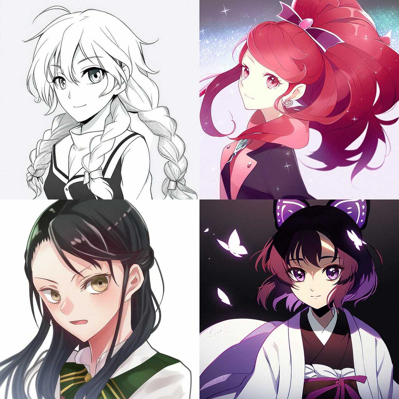 Josei anime style --niji showcasing diverse characters, highlighting Midjourney prompt engineering for anime text-to-image generation.