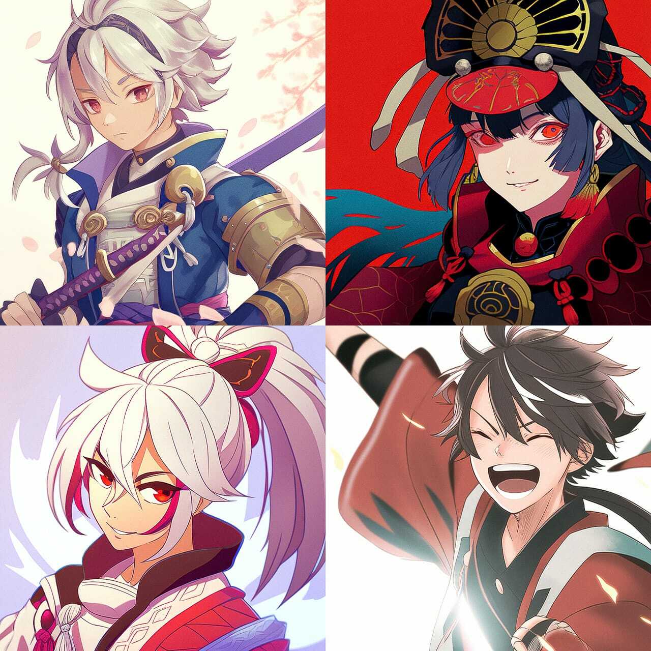Jidaimon anime style --niji showcasing characters in dynamic poses, emphasizing Midjourney prompt engineering for anime styles.