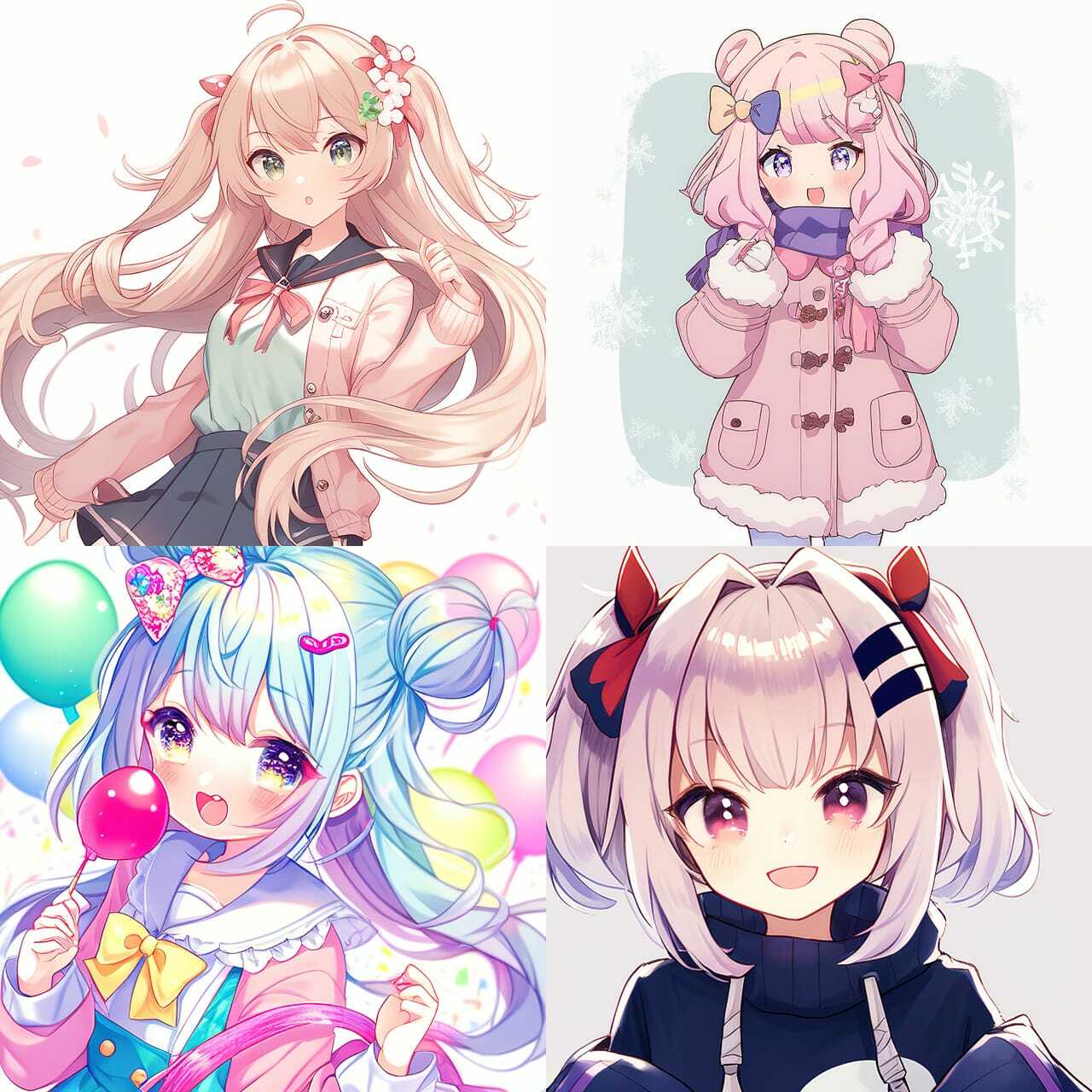 Kawaii anime style characters generated with Midjourney --niji prompt, showcasing vibrant colors and diverse expressions.