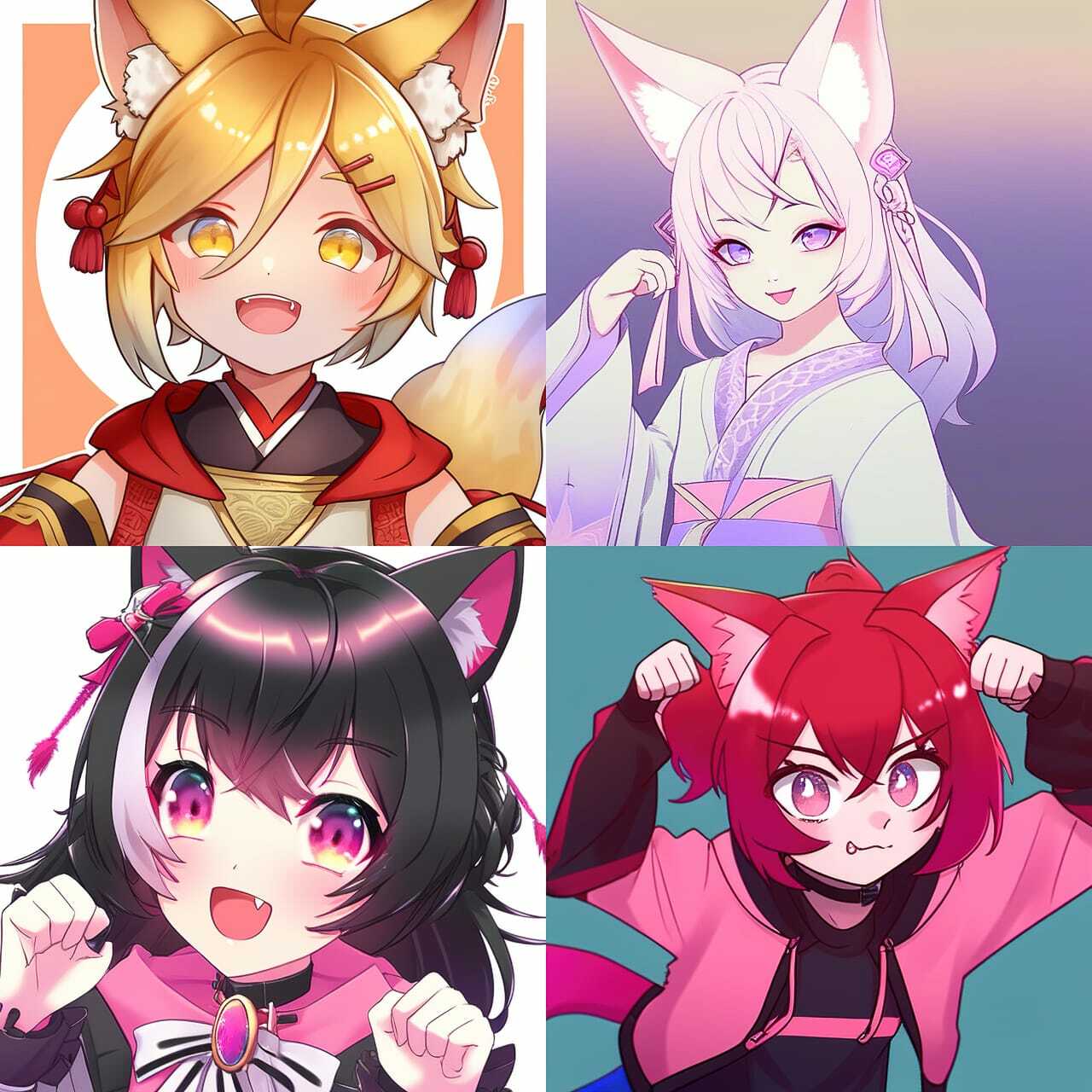 Kemonomimi anime style characters generated using Midjourney --niji prompt for diverse anime styles and effective prompt engineering.