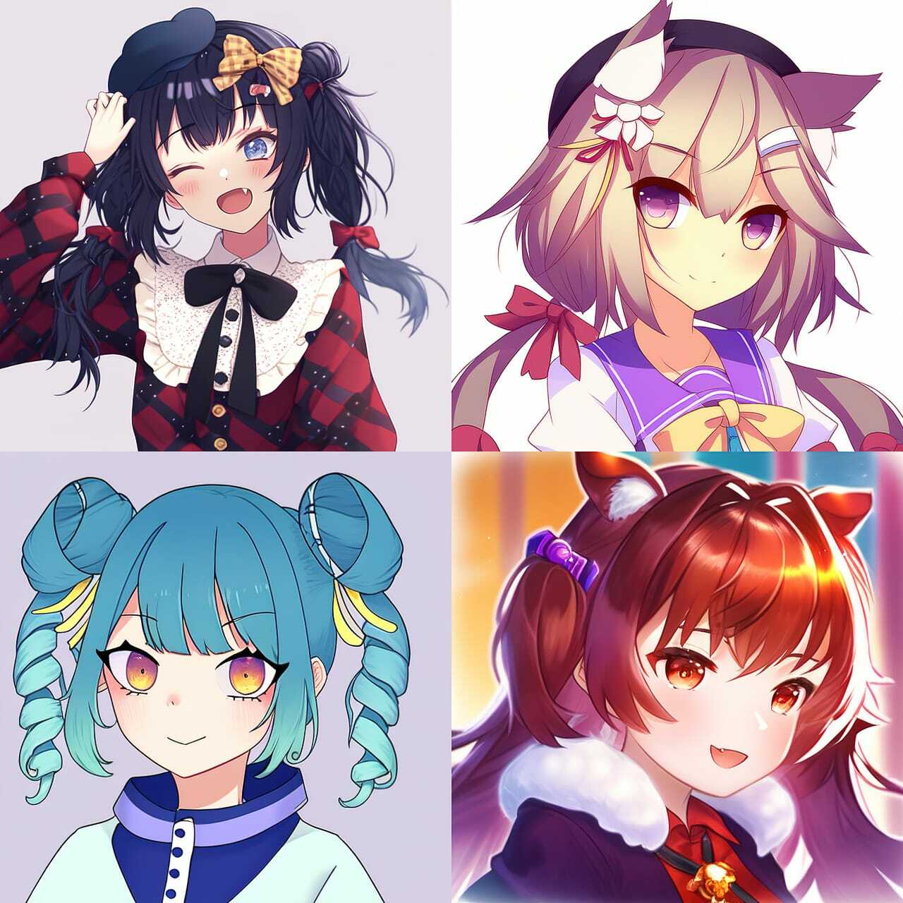 Moe anime style characters generated with Midjourney --niji prompt, showcasing diverse anime styles and character designs.