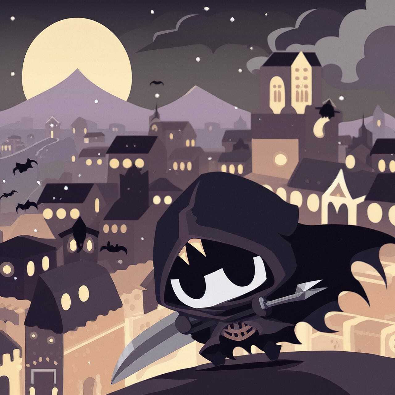 Midjourney prompt featuring Nazgul character over sleeping town, showcasing anime style and dynamic composition.