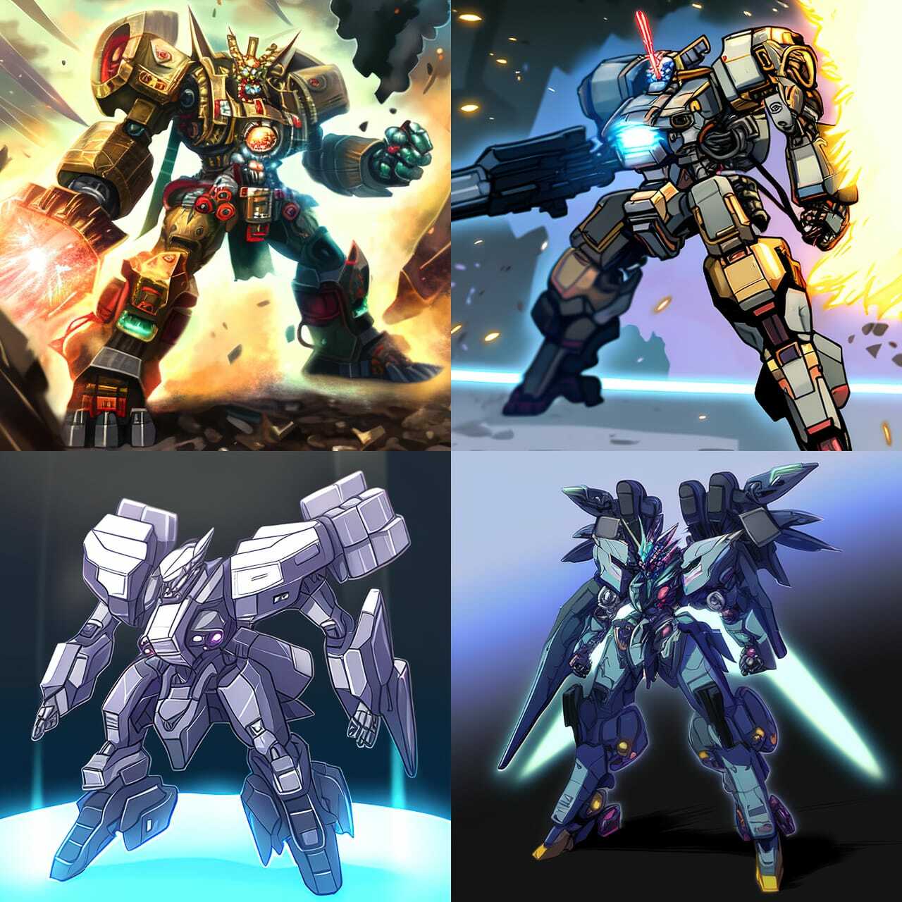 Mecha anime style --niji showcasing dynamic compositions and character-focused prompts in Midjourney text-to-image generation.