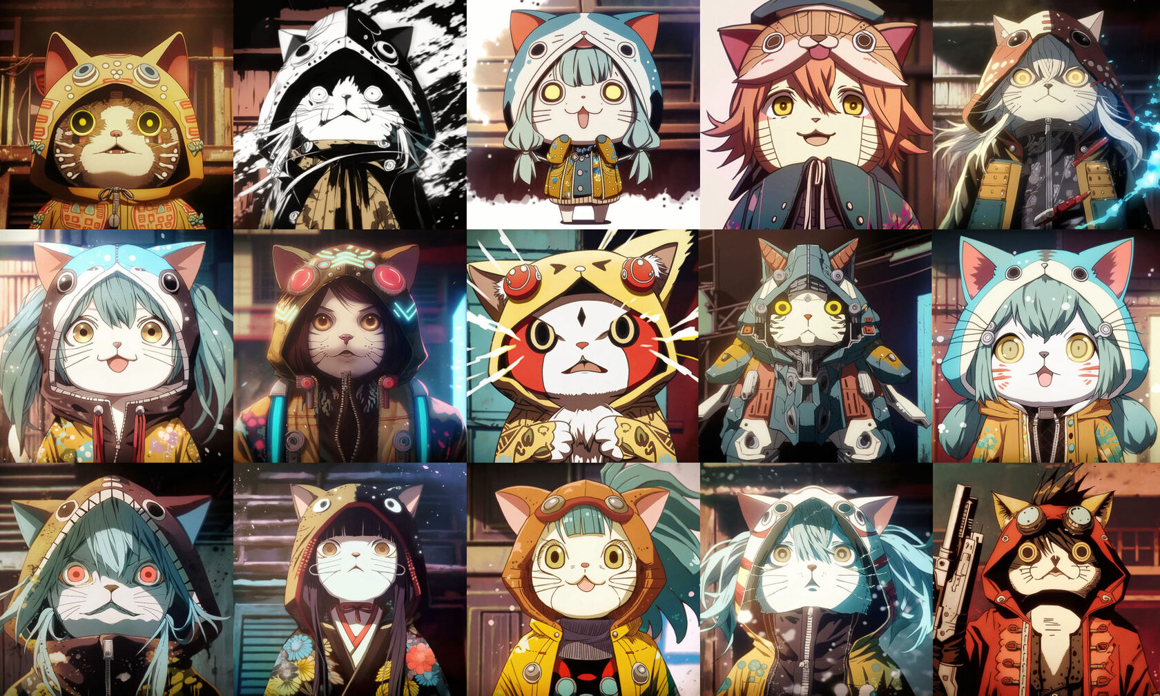 Midjourney prompt showcasing diverse anime cat characters in various outfits and styles, emphasizing unique designs and expressions.