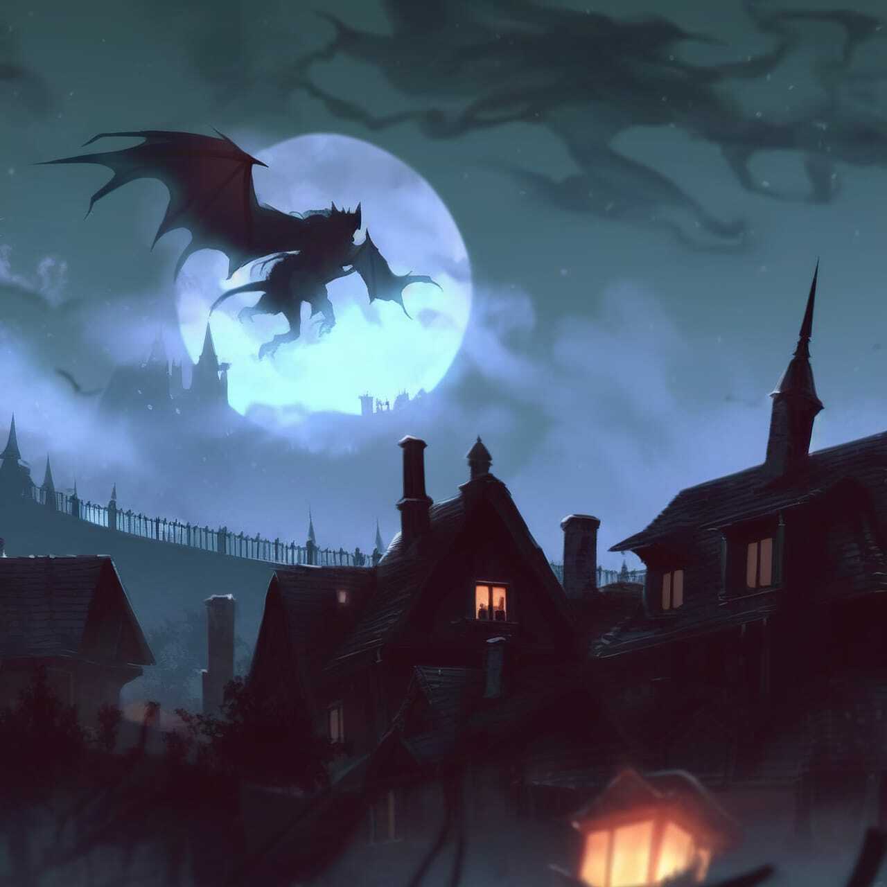 Nazgul silhouette over town, showcasing Midjourney prompt for dark fantasy themes and atmospheric compositions.