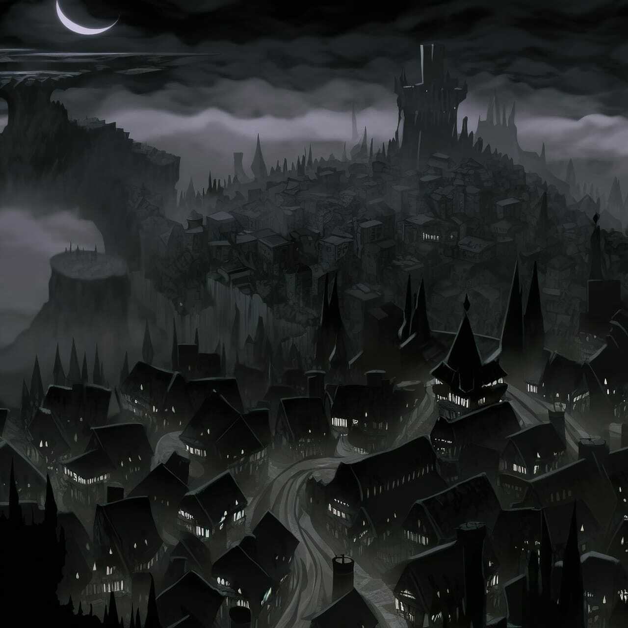 Midjourney prompt for dark fantasy town with Nazgul, emphasizing anime styles and character-focused compositions.