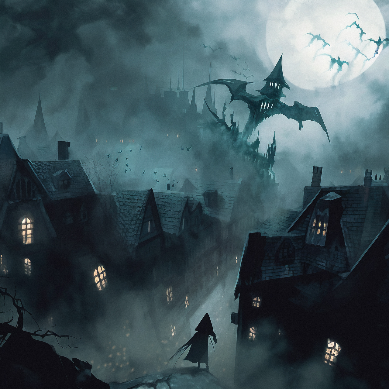 Midjourney prompt for dark fantasy scene featuring Nazgul over sleeping town, atmospheric fog, and eerie architecture.