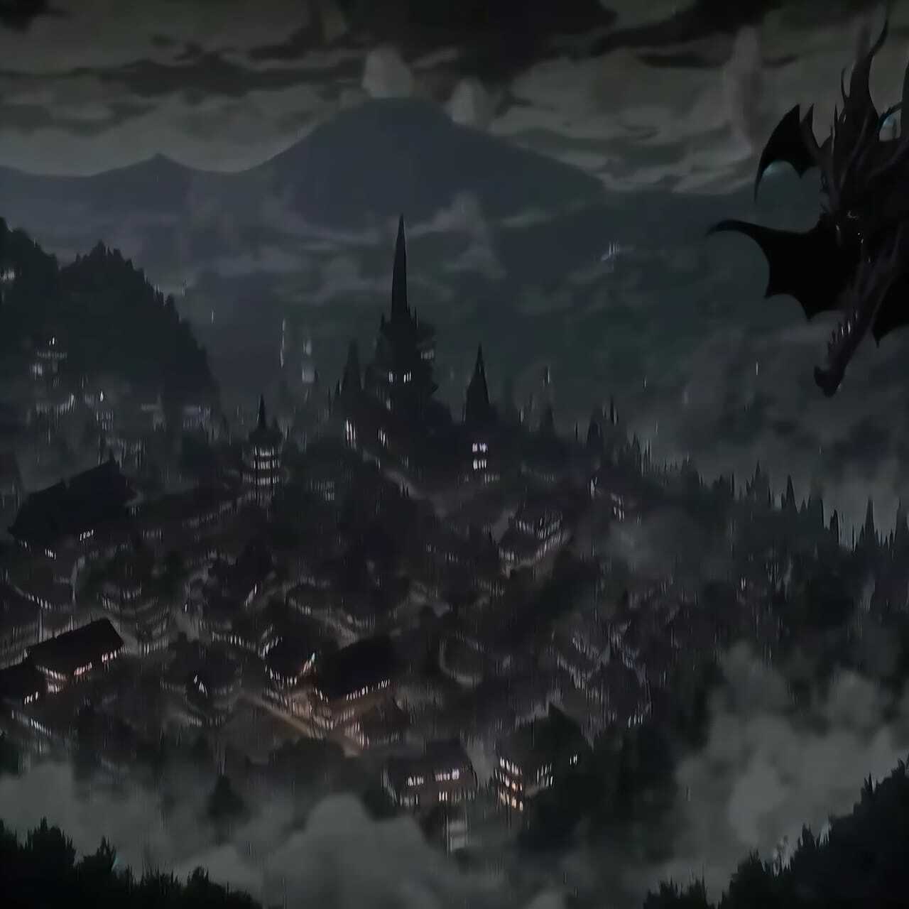 Midjourney prompt for Nazgul over sleeping town, showcasing dark fantasy elements and atmospheric composition.