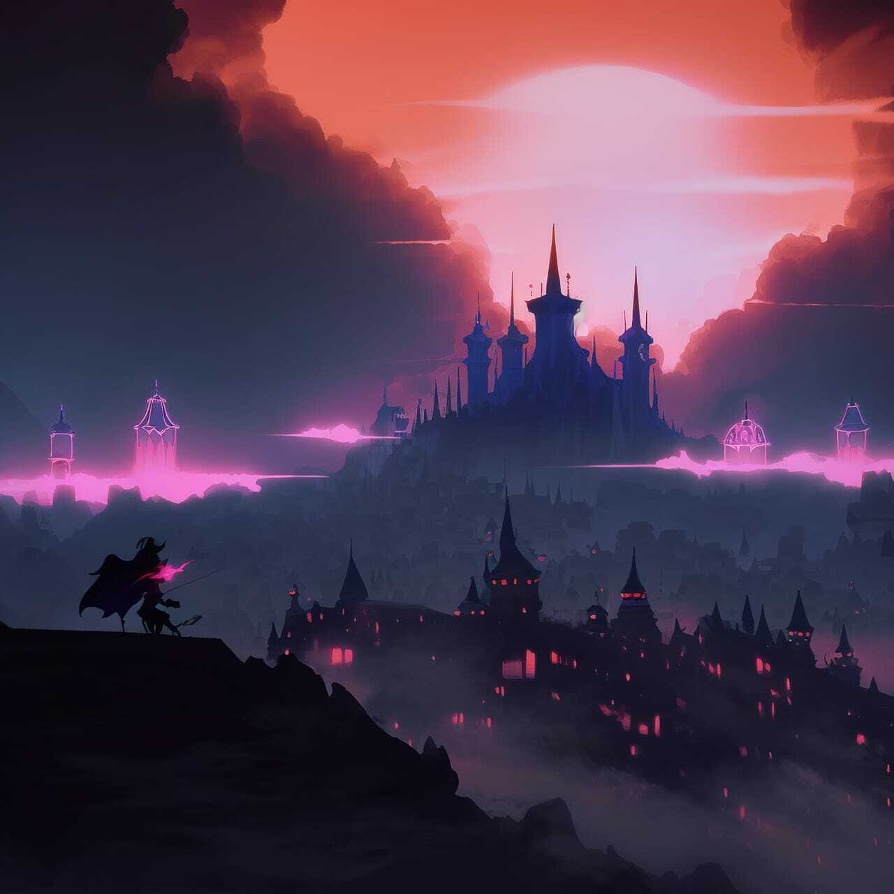 Midjourney prompt for Nazgul over sleeping town, showcasing anime-inspired dark fantasy landscape with dynamic composition.