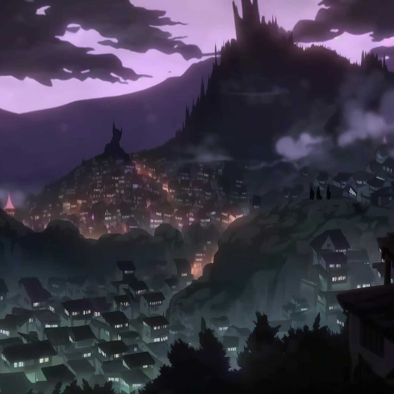 Nazgul over sleeping town, Midjourney prompt showcasing anime-style landscape with dark atmosphere and intricate details.